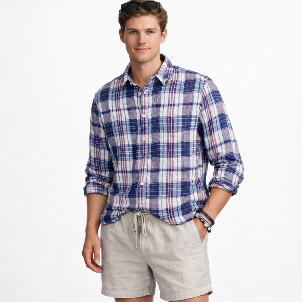 L.L. Bean Men’s 100% Linen Button Down Shirt Long Sleeve Plaid Preppy
